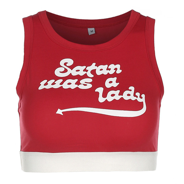 Спортен дамски топ с О-образно деколте и надпис, в червен цвят