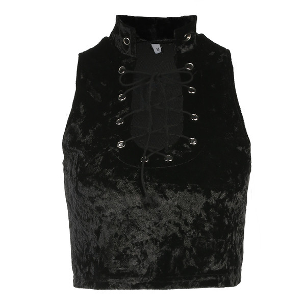 Дамски скъсен топ от кадифе с връзки в черен цвят