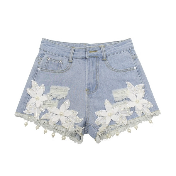 Модерни дамски къси дънкови панталони с 3D бродерия и декоративни пайети в два цвята
