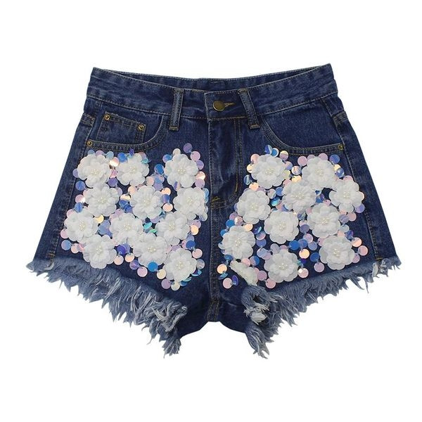 Модерни дамски къси дънкови панталони с декоративни пайети и ресни в светъл и тъмен цвят