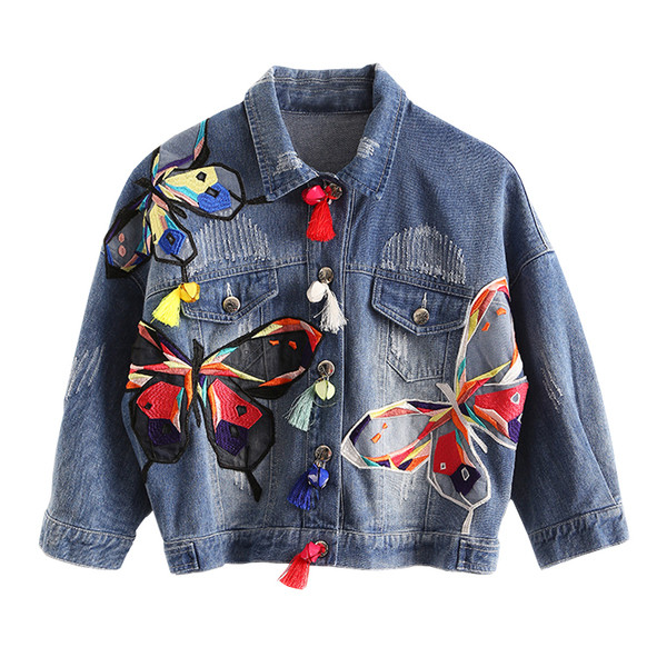 Пролетно-есенно дамско дънково яке с цветна апликация,подходящо за ежедневие