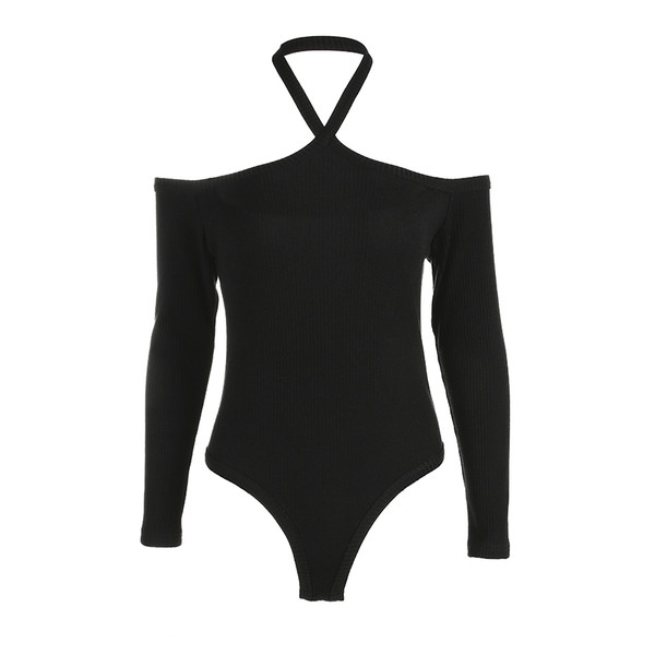 Изчистено дамско боди рипс с пандали рамене в черен цвят