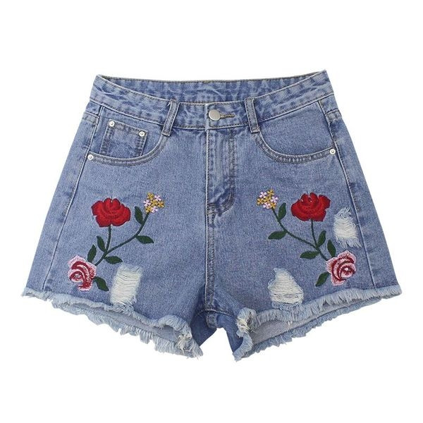 Дамски къси панталони с висока талия,кръпки и бродерия в светъл цвят