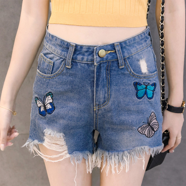 Интересни дамски къси дънки с висока талия,ресни и нежна бродерия