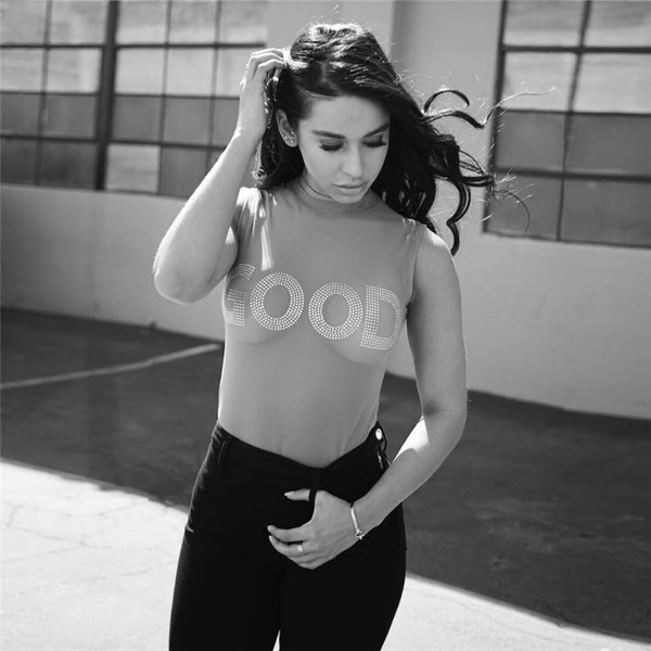 Прозрачно дамско боди в черен и бежов цвят с надпис