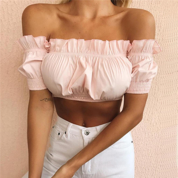 Летен дамски топ с къс ръкав и голи рамене в черен, розов и бял цвят