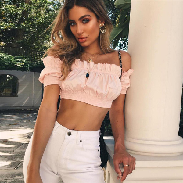 Летен дамски топ с къс ръкав и голи рамене в черен, розов и бял цвят