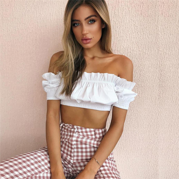 Летен дамски топ с къс ръкав и голи рамене в черен, розов и бял цвят