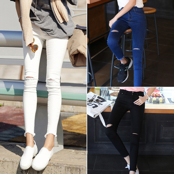 Спортно-ежедневни дамски дънки с кръпки три цвята