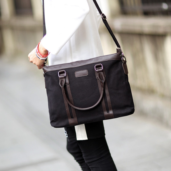 Мъжка бизнес чанта от плат с кожени елементи 