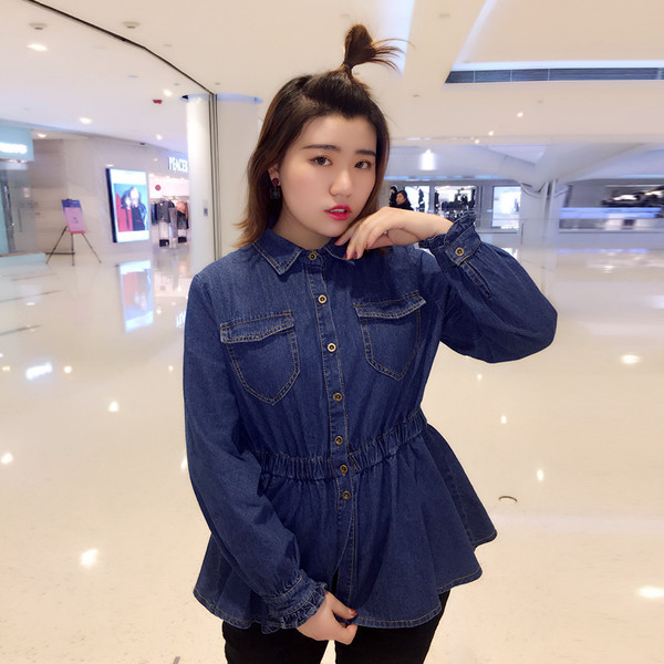 Стилна дамска деним дълга риза с О-образна яка в тъмен цвят,големи размери 