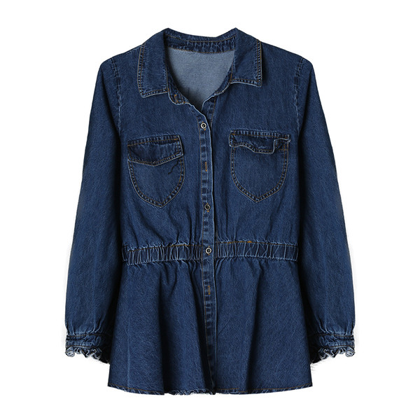 Стилна дамска деним дълга риза с О-образна яка в тъмен цвят,големи размери 