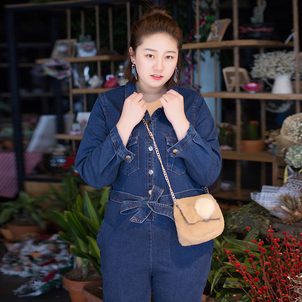 Salopeta dama din denim din denim cu centura decorativa panglica, marime mare