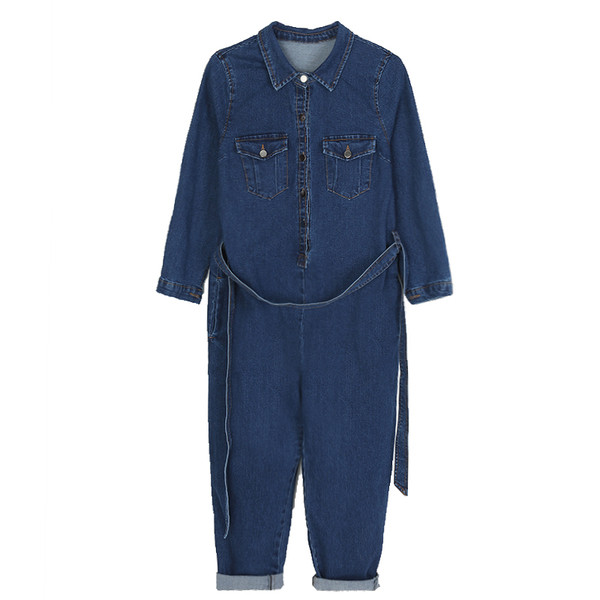 Salopeta dama din denim din denim cu centura decorativa panglica, marime mare