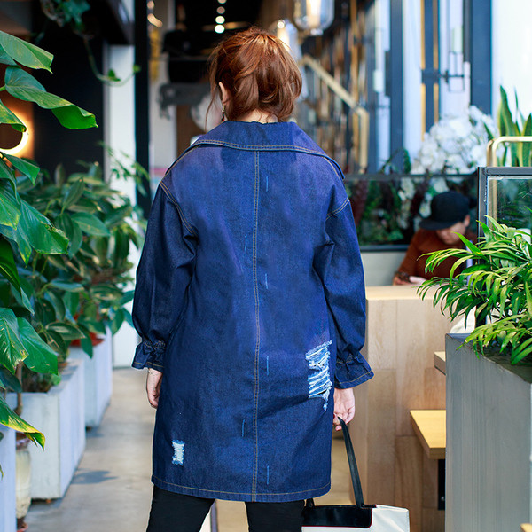 Jachetă lungă de blugi de damă elegantă, cu petice și guler în formă de V, în stil liber, într-o culoare închisă