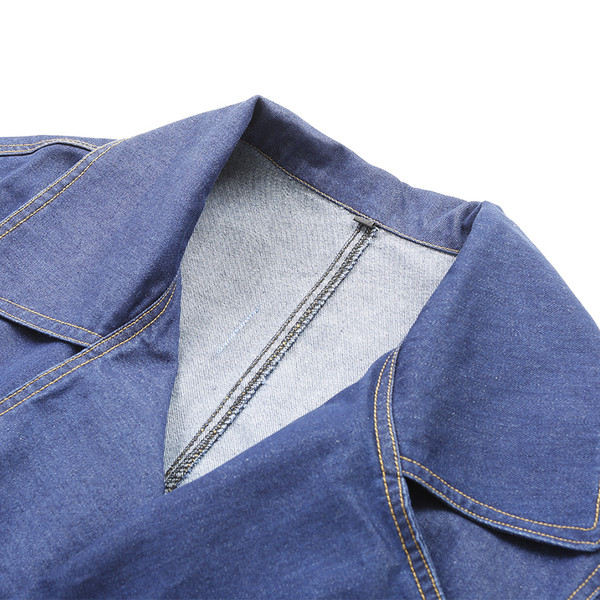 Jachetă lungă de blugi de damă elegantă, cu petice și guler în formă de V, în stil liber, într-o culoare închisă