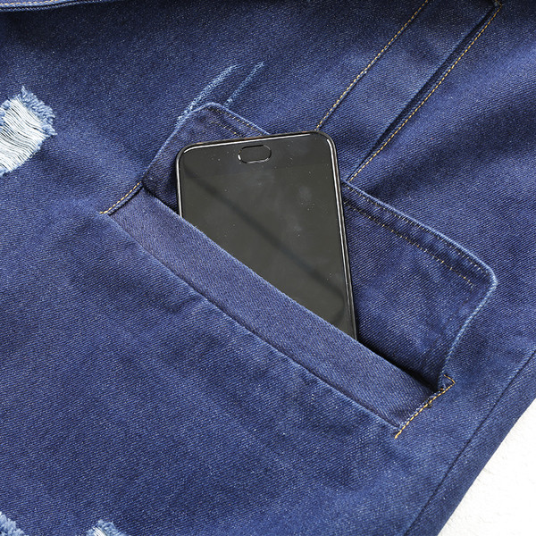 Jachetă lungă de blugi de damă elegantă, cu petice și guler în formă de V, în stil liber, într-o culoare închisă