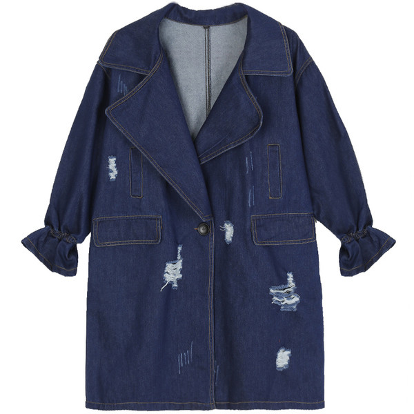 Jachetă lungă de blugi de damă elegantă, cu petice și guler în formă de V, în stil liber, într-o culoare închisă