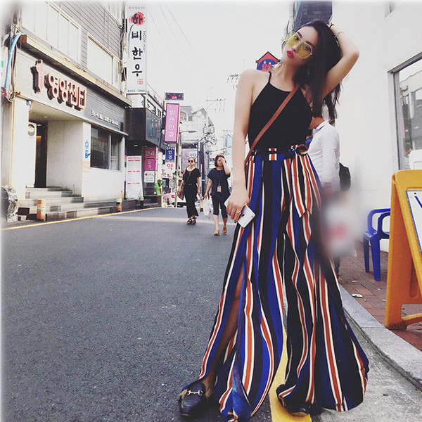 Стилни дамски широки панталони с висока талия и цепки 