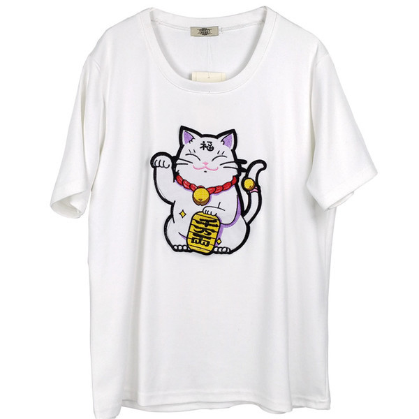 Стилна дамска блуза с къс ръкав с апликация в няколко цвята - големи размери