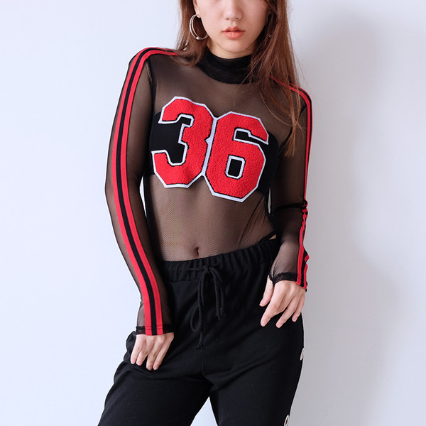 Body de damă din plasă transparentă cu inscripție și guler polo