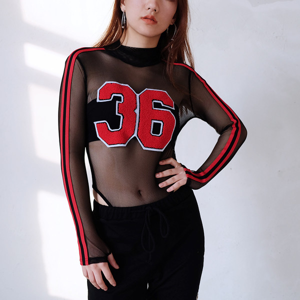 Body de damă din plasă transparentă cu inscripție și guler polo