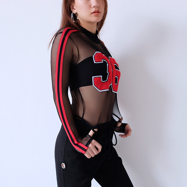 Body de damă din plasă transparentă cu inscripție și guler polo