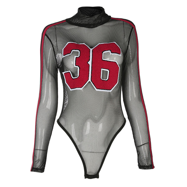 Body de damă din plasă transparentă cu inscripție și guler polo