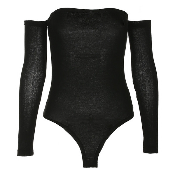 Модерно дамско боди в черен цвят с голи рамене