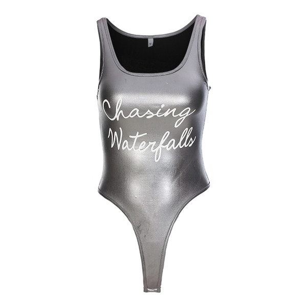 Дамско боди тип потник в сребрист цвят с надпис