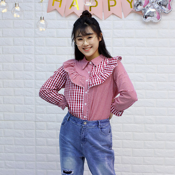 Стилна дамска карирана риза с интересна яка в два цвята