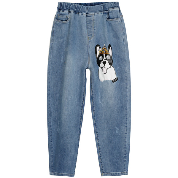 Спортно-ежедневни дамски дънки с апликация в светъл цвят