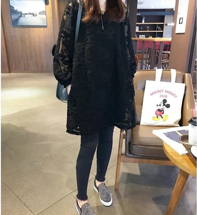 Дамски рокля с дантела за бременни в черен и бял цвят