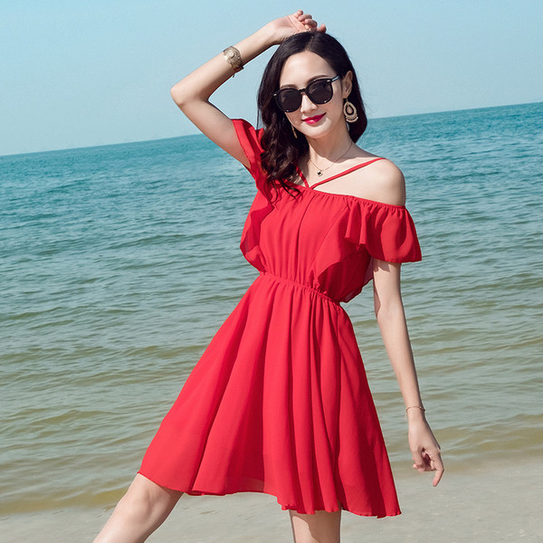 Rochie de dama cu croiala de plaja de culoare rosie