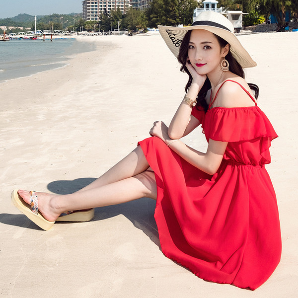 Rochie de dama cu croiala de plaja de culoare rosie