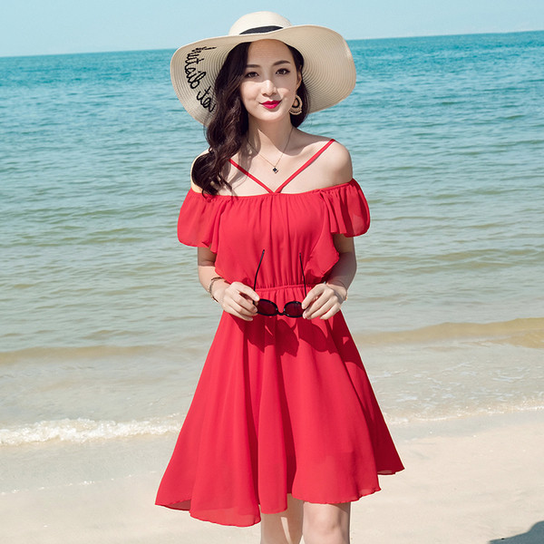 Rochie de dama cu croiala de plaja de culoare rosie