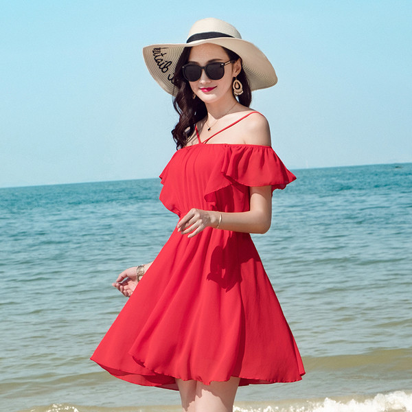 Rochie de dama cu croiala de plaja de culoare rosie