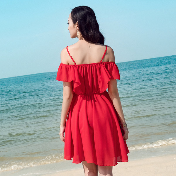 Rochie de dama cu croiala de plaja de culoare rosie