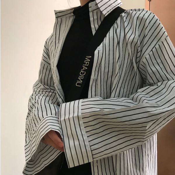 Cămașă casual elegantă, în dungi, pentru femei, în alb și negru