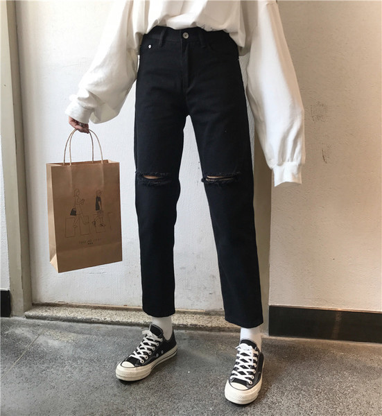 Pantaloni casual dama cu talie inalta rupti in negru