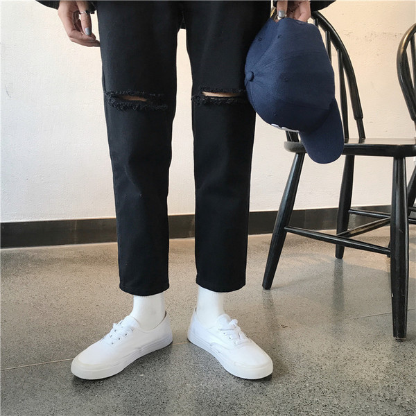 Pantaloni casual dama cu talie inalta rupti in negru