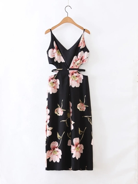 Salopetă elegantă de damă cu decolteu în V cu imprimeu floral