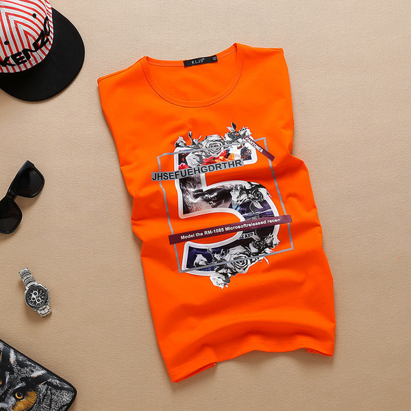 Nyári férfi póló narancssárga színben, rövid ujjú színes nyomattal