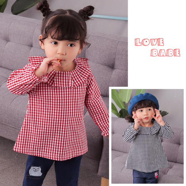 Stílusos gyerek kockás ing lányoknak O-alakú gallérral, szabad stílusban