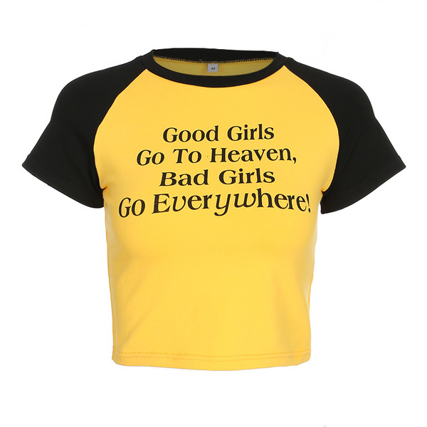 Rövid női póló sárga színben felirattal