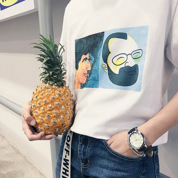 Bluză casual bărbătească cu mâneci 3/4 cu aplicație interesantă în alb și gri