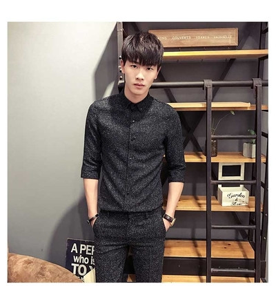 Costum bărbătesc elegant în două părți - cămașă și pantaloni în negru și gri