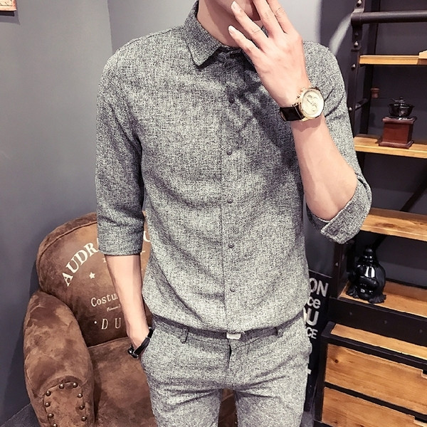 Costum bărbătesc elegant în două părți - cămașă și pantaloni în negru și gri