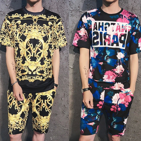 Alkalmi férfi kétrészes szett színes nyomattal - rövid ujjú blúz és rövidnadrág