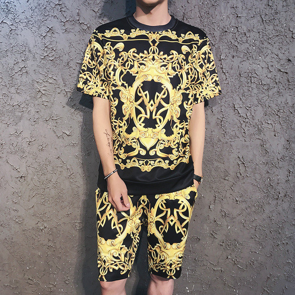 Alkalmi férfi kétrészes szett színes nyomattal - rövid ujjú blúz és rövidnadrág